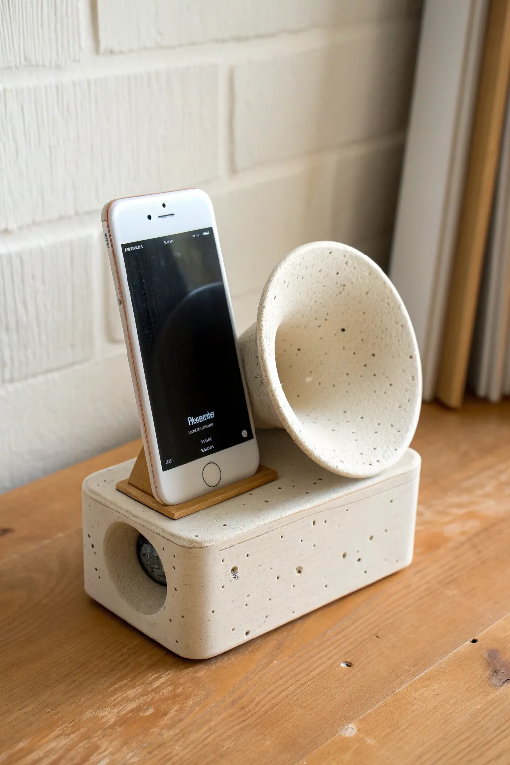 Double-exit clay phone amplifier with twin horns for wider, room-filling sound in minimalist style.