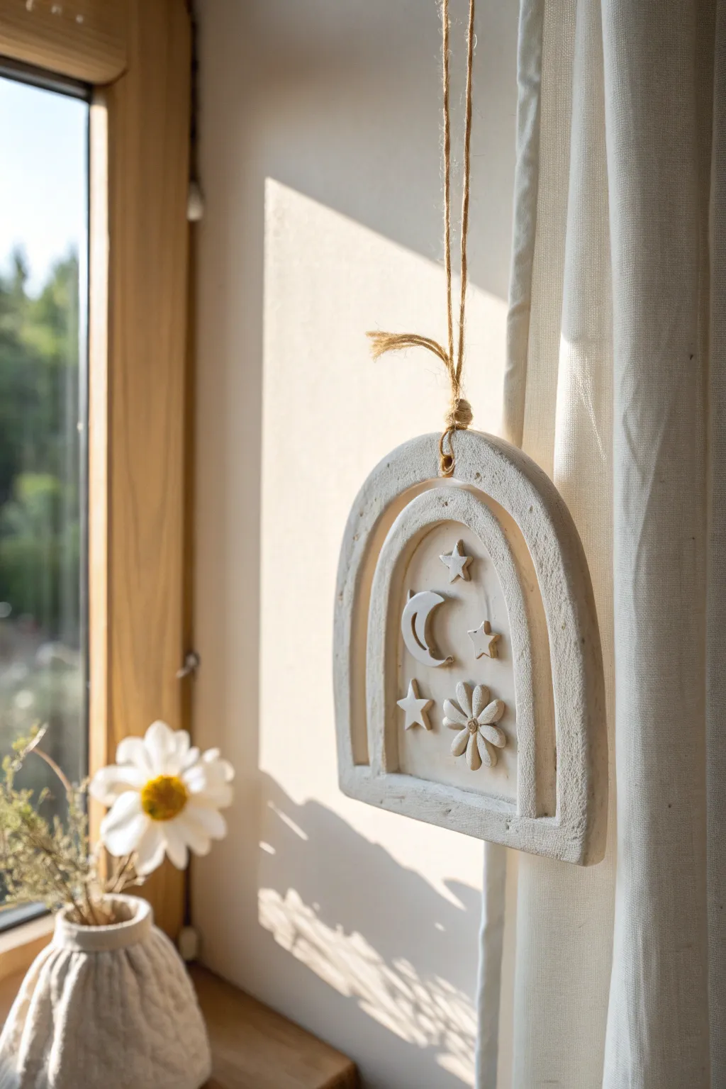 Simple air-dry clay arch suncatcher casting warm patterns in a bright minimalist window.