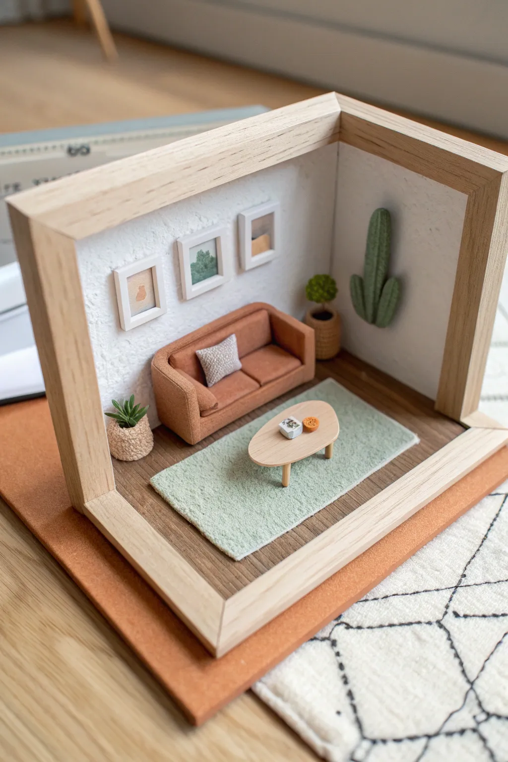 Mini clay shadowbox room scene in soft neutrals, cozy and minimalist with a boho touch