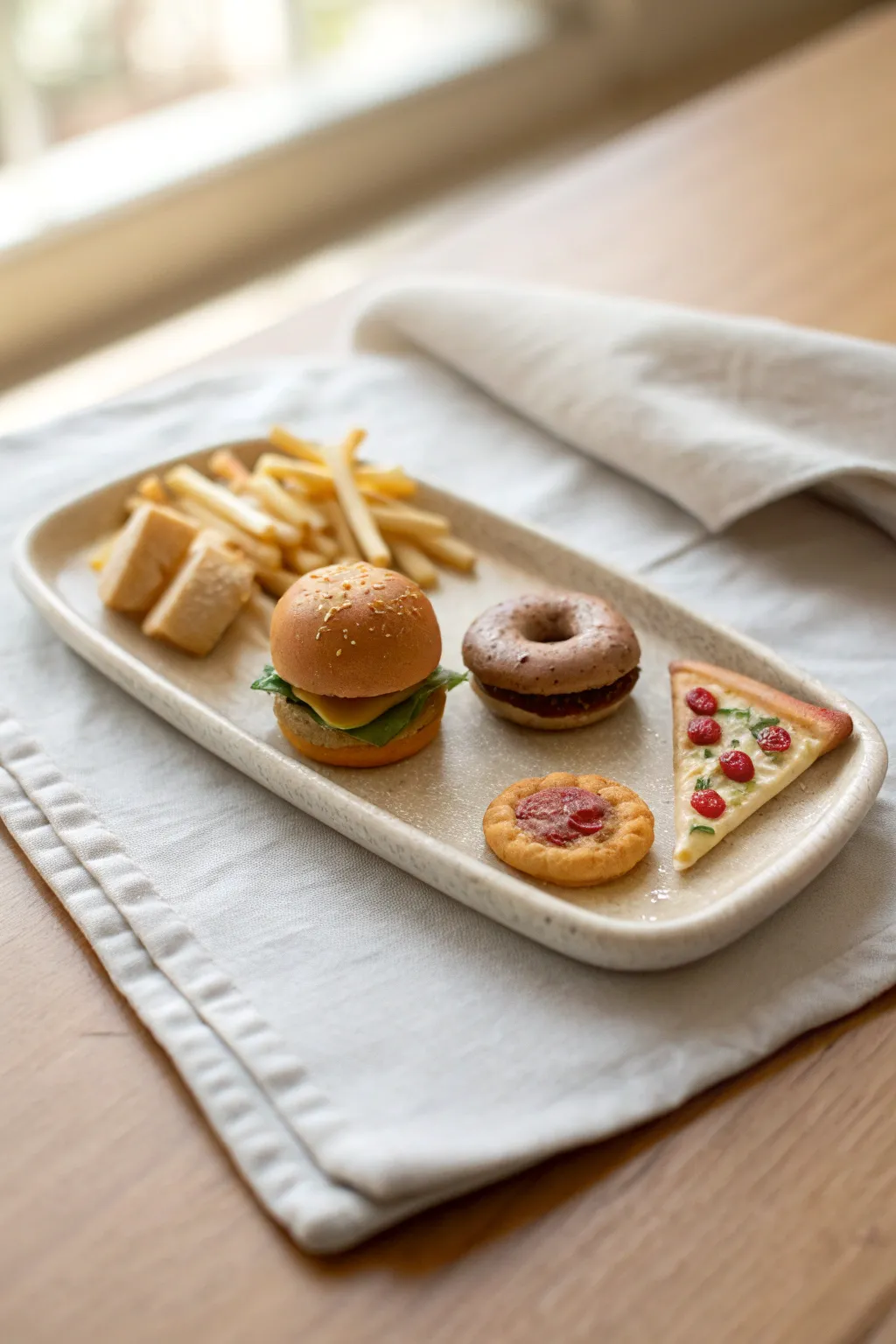 Mini clay sampling platter with burger bite, fries, pizza, donut for colorful food charm.