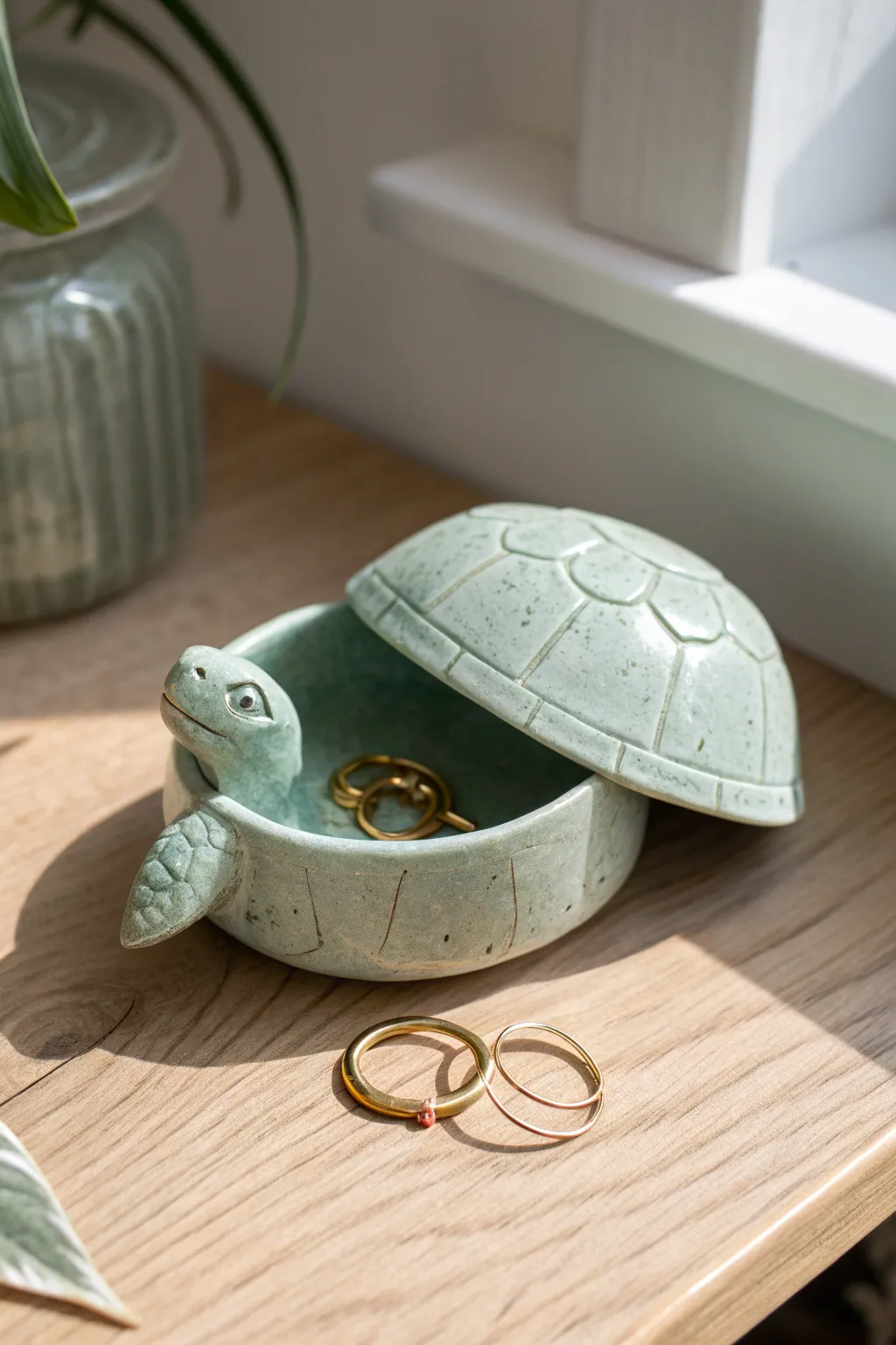 Muted green turtle jewelry box with a lift-off shell, opened to reveal rings in soft daylight.