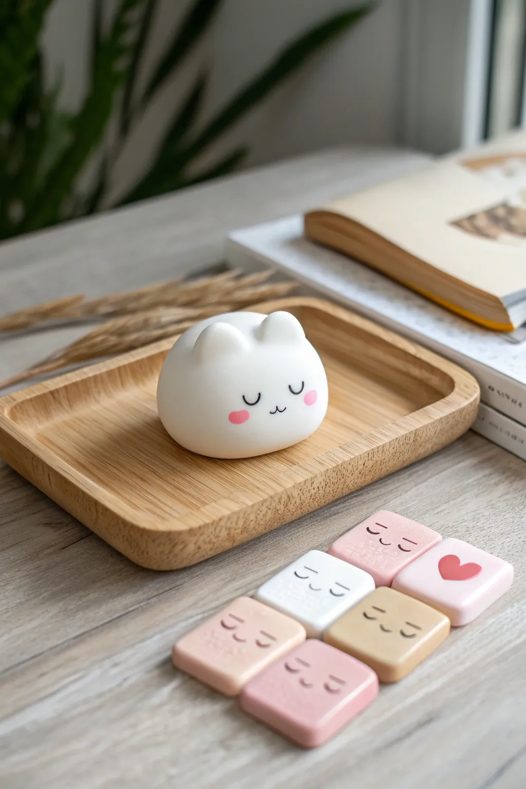 Cute kawaii clay character with swap-on faces, styled minimal and cozy for inspiration.