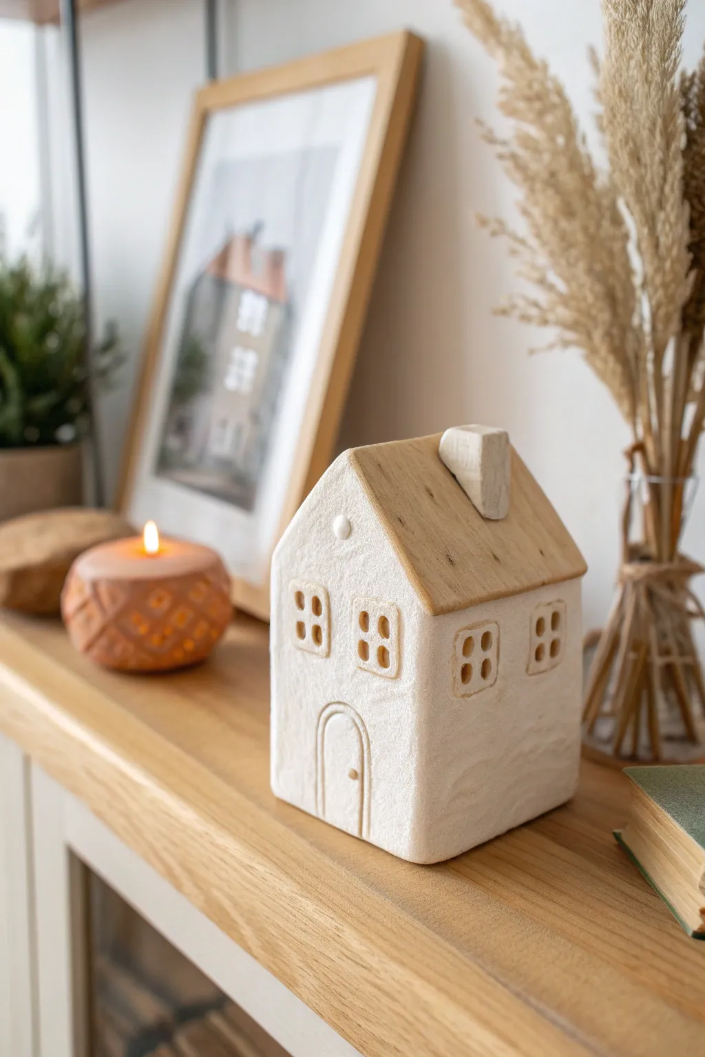 Mini clay house keepsake in muted tones, a cozy personalized decor piece with modern simplicity