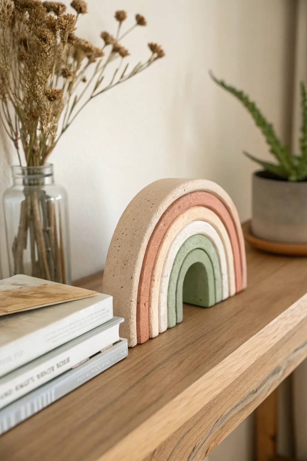 Muted rainbow arch in earthy clay tones, a cozy minimalist shelf accent with handmade charm.