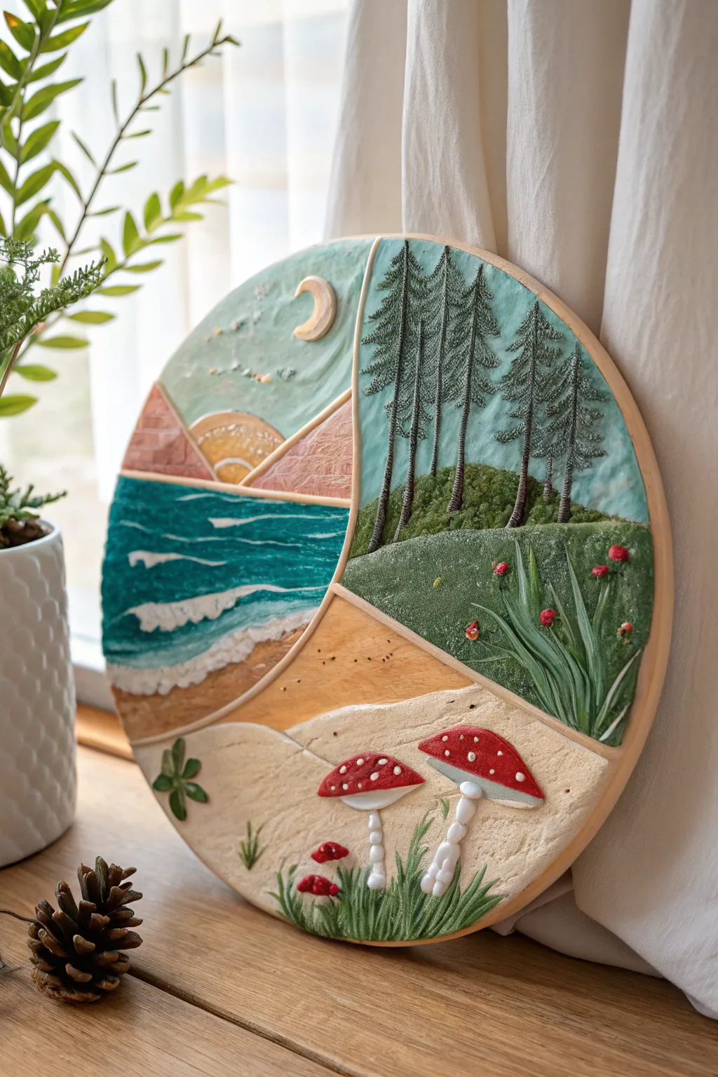 Handmade relief clay disc with beach, forest, and desert scenes in bright minimalist color