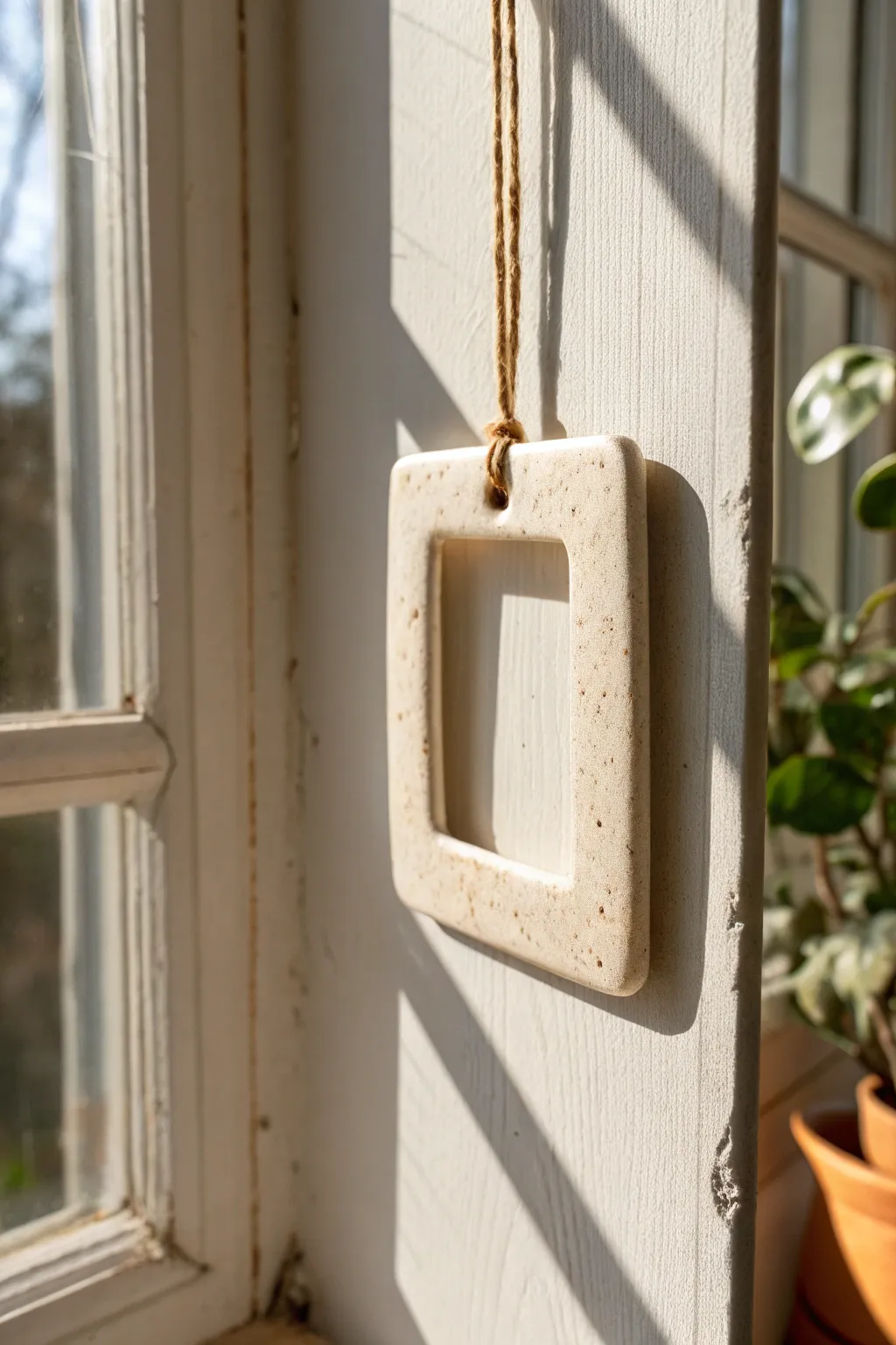 Minimal clay suncatcher with a simple cutout, glowing in sunlight with crisp shadow play.