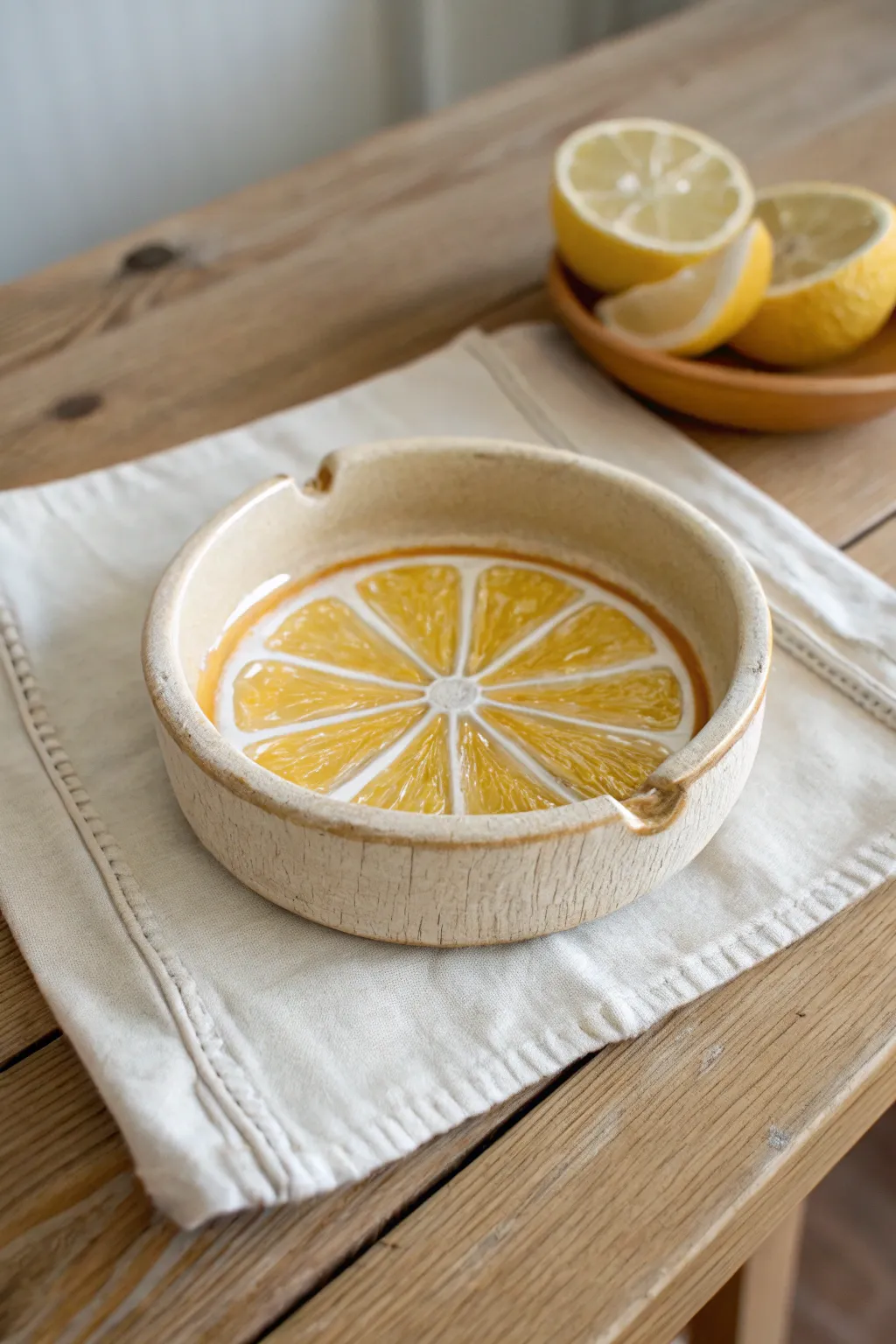Citrus slice clay ashtray with glossy segments, minimalist styling, and warm natural contrast
