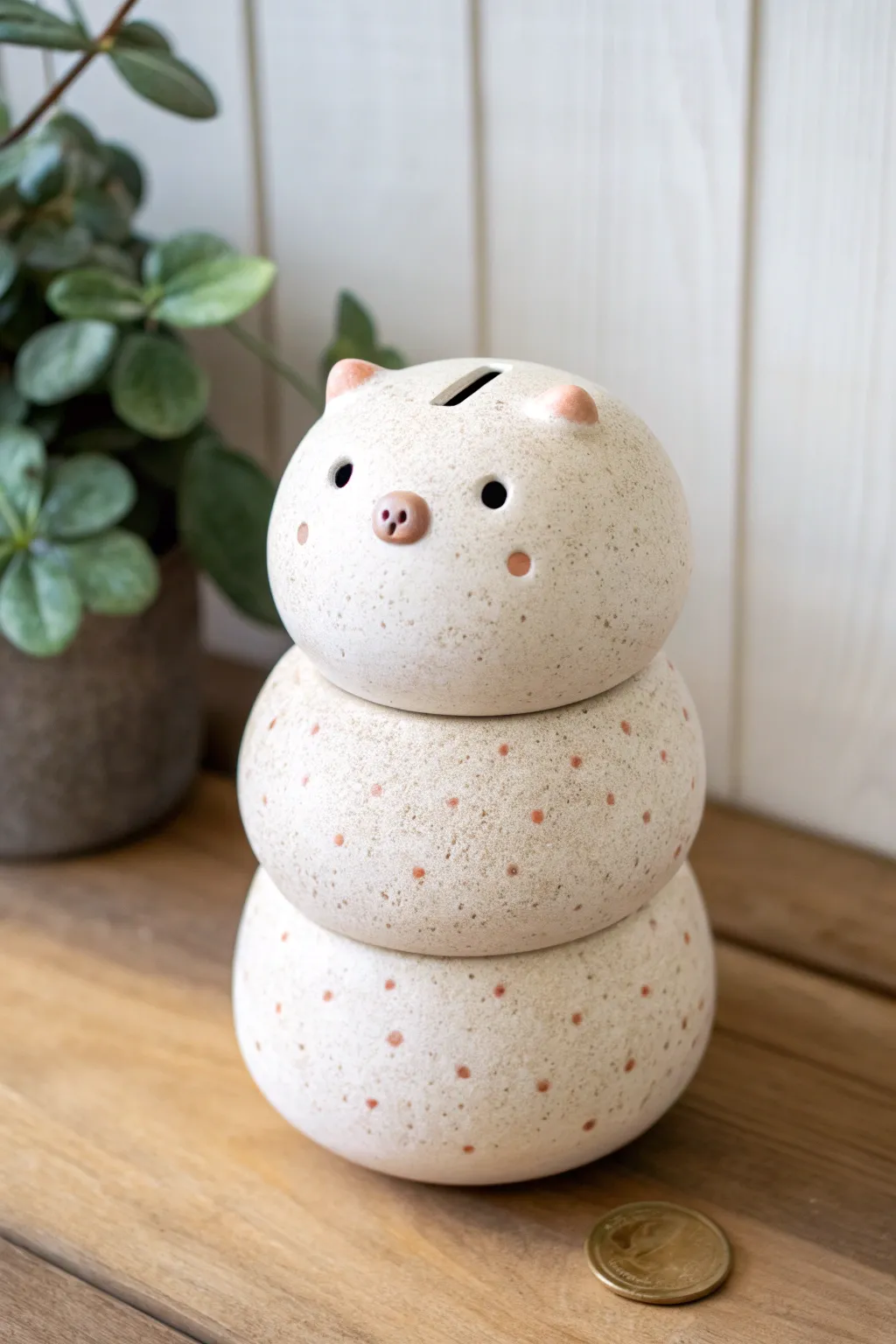Playful stacked totem creature bank in matte clay, minimalist charm for saving spare change.