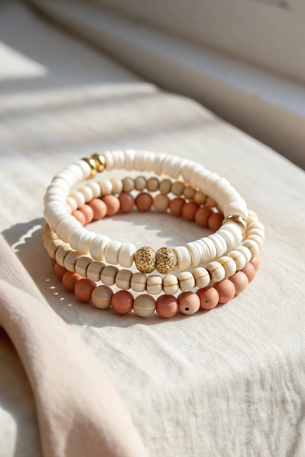 Mixed-texture clay bead bracelet stack with glossy accents, airy minimal styling and soft shine