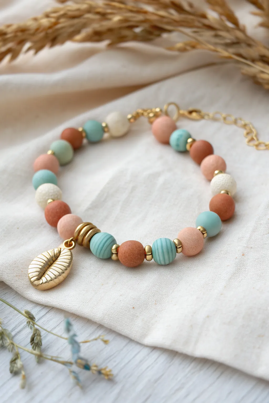 Mismatched clay bead bracelet with shell and fruit charm for a dreamy collected-on-vacation vibe