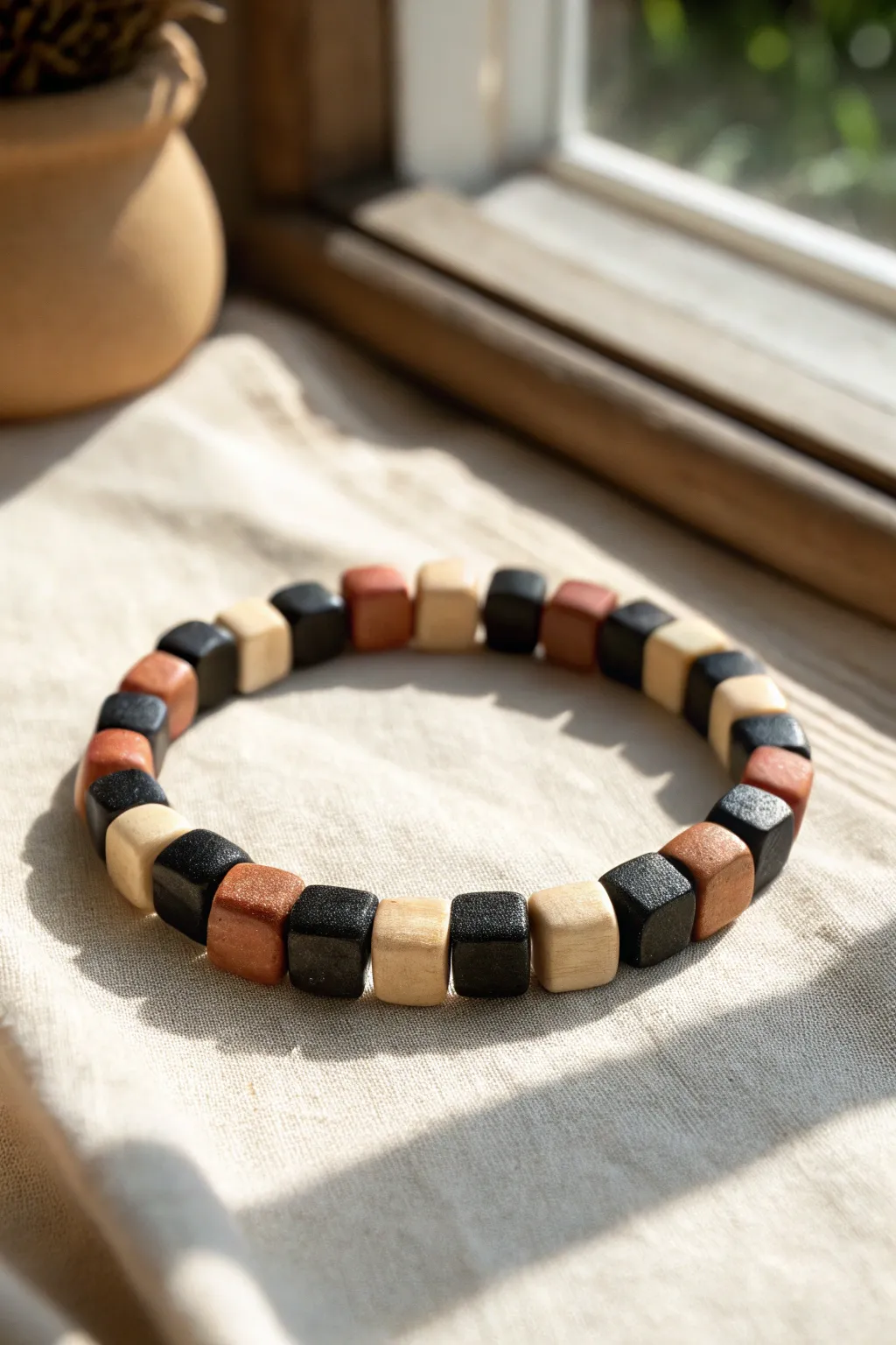 Playful checkerboard clay bead bracelet in matte black and ivory, minimal Scandinavian boho vibe.