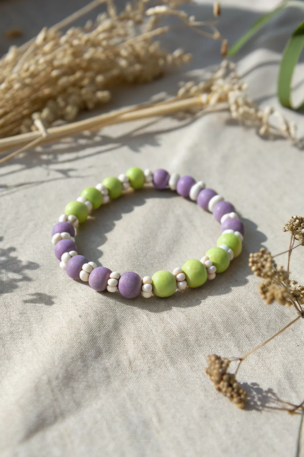 Lavender, chartreuse, and white beads in a tidy repeat for a bold yet calm clay bracelet.