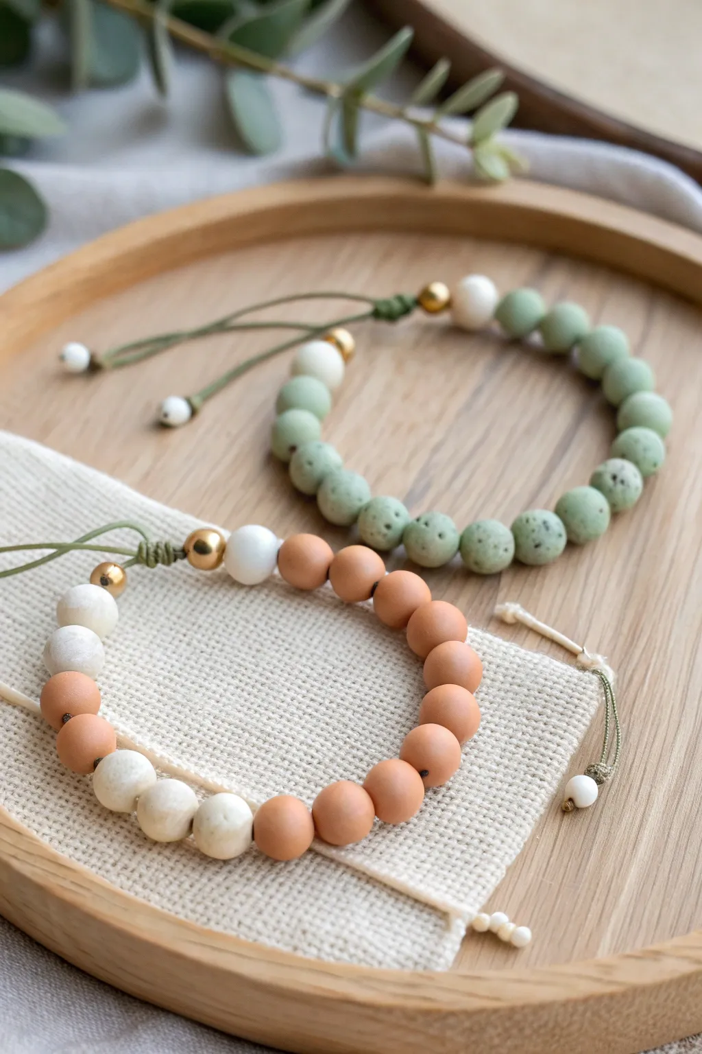 Two matching clay bead bracelets with swap-ready center beads for a sweet couple twist