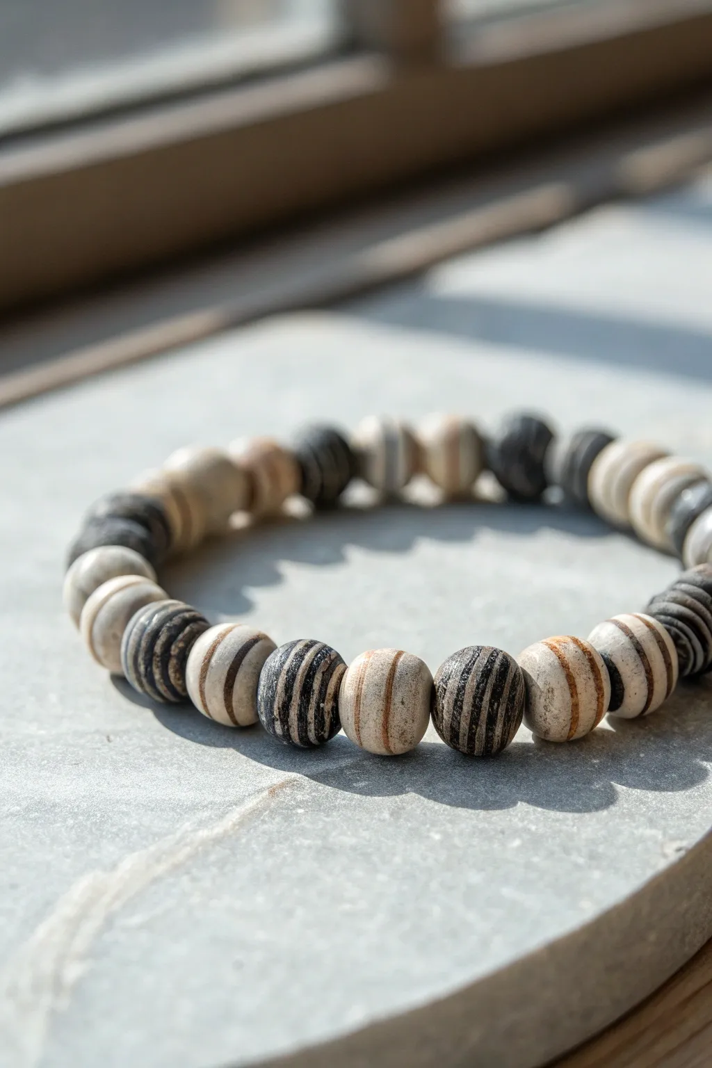 Minimal topographic heishi clay bead bracelet in charcoal lines, styled on stone for modern guys