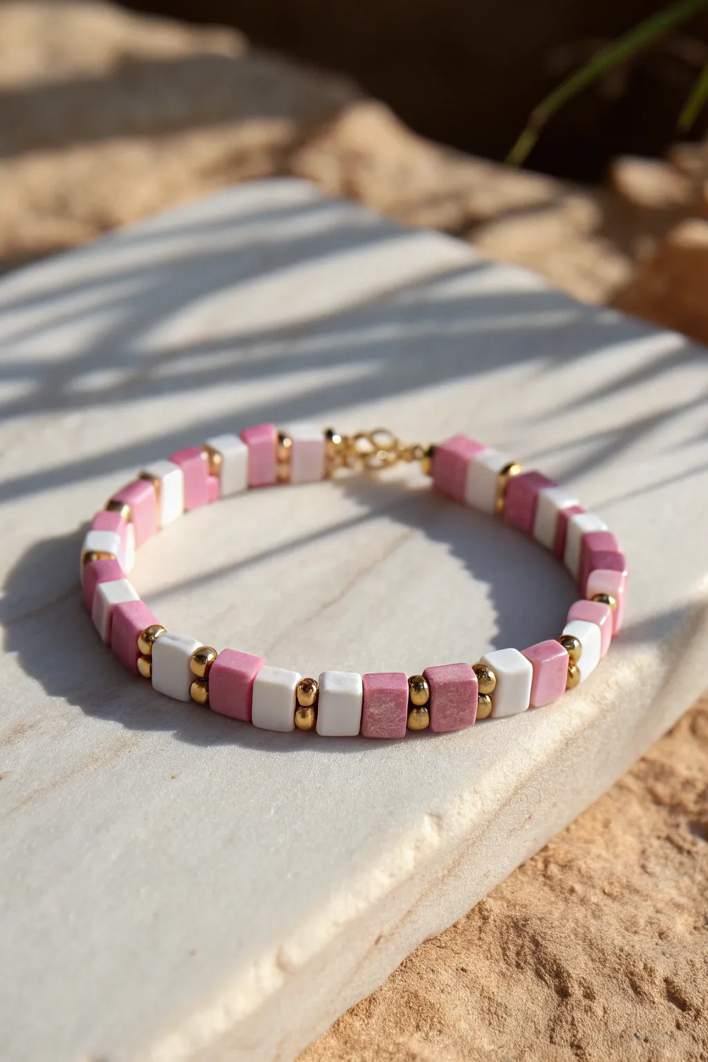 Pink and white checkerboard clay tile bracelet with tiny gold spacers, clean Scandinavian flat lay.
