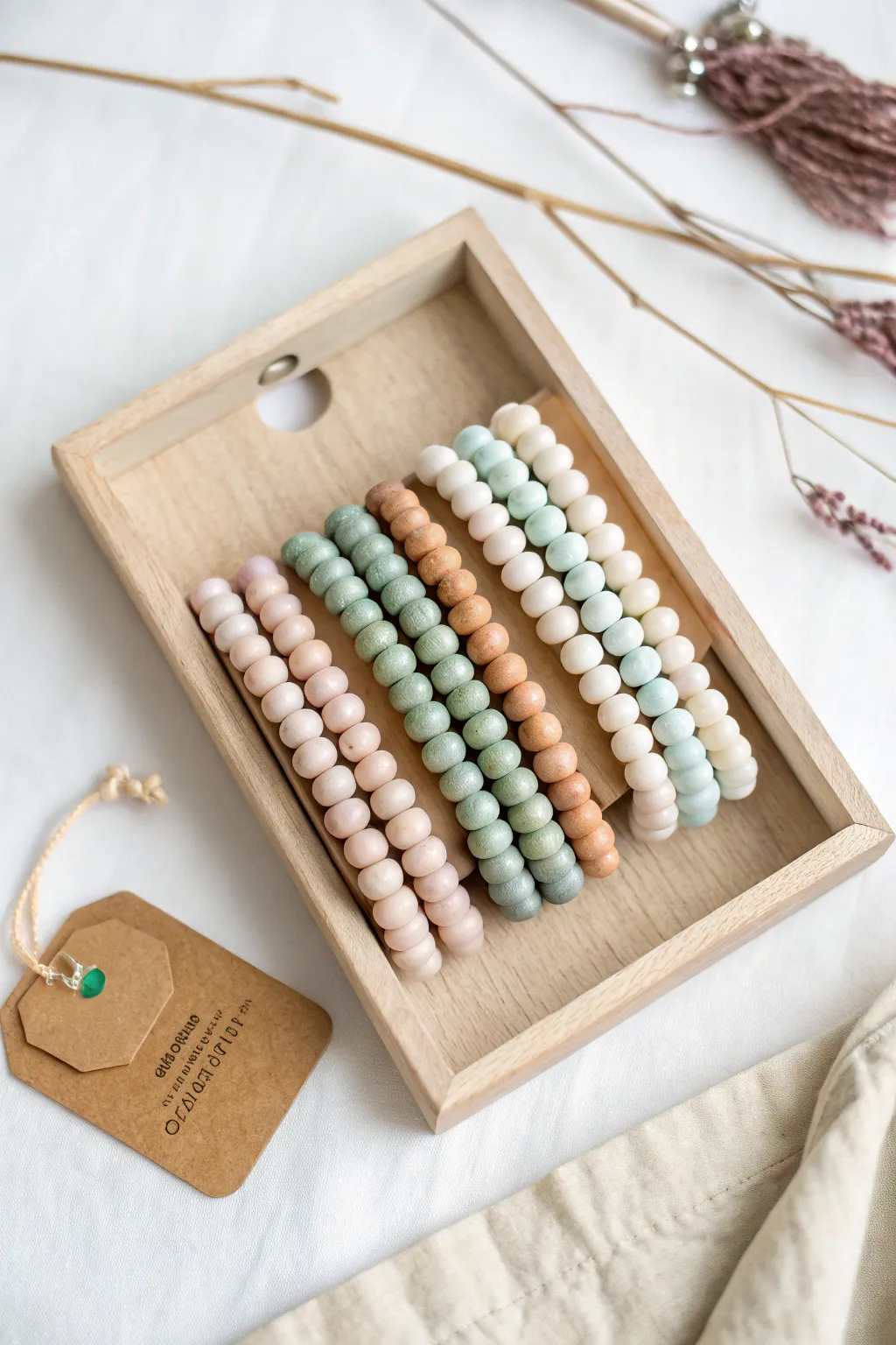 Five birth month colorway bracelet stacks in a clean tray, ready for your next drop.