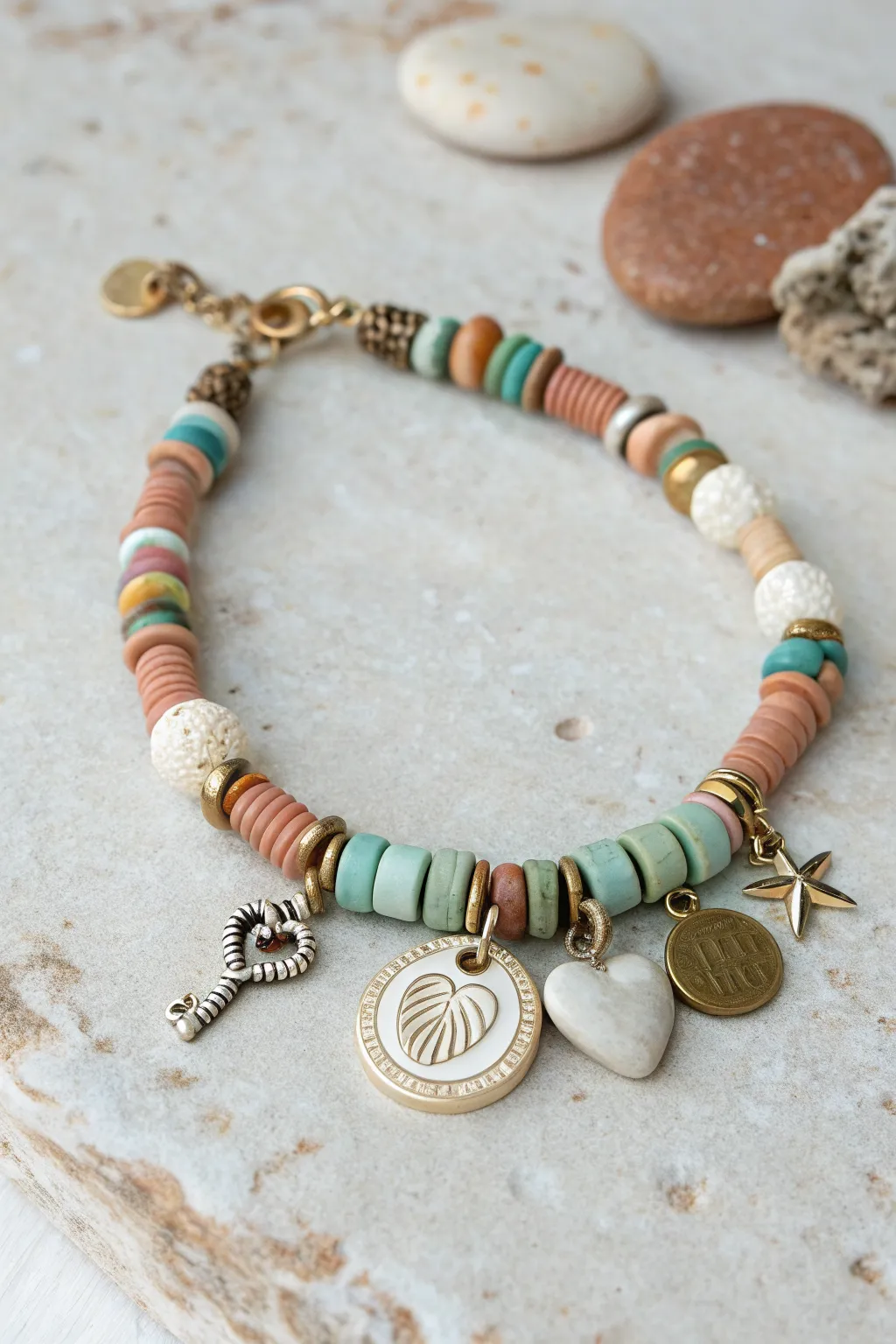 A collected clay heishi bracelet with mismatched found charms, cozy tones and clean Nordic styling.