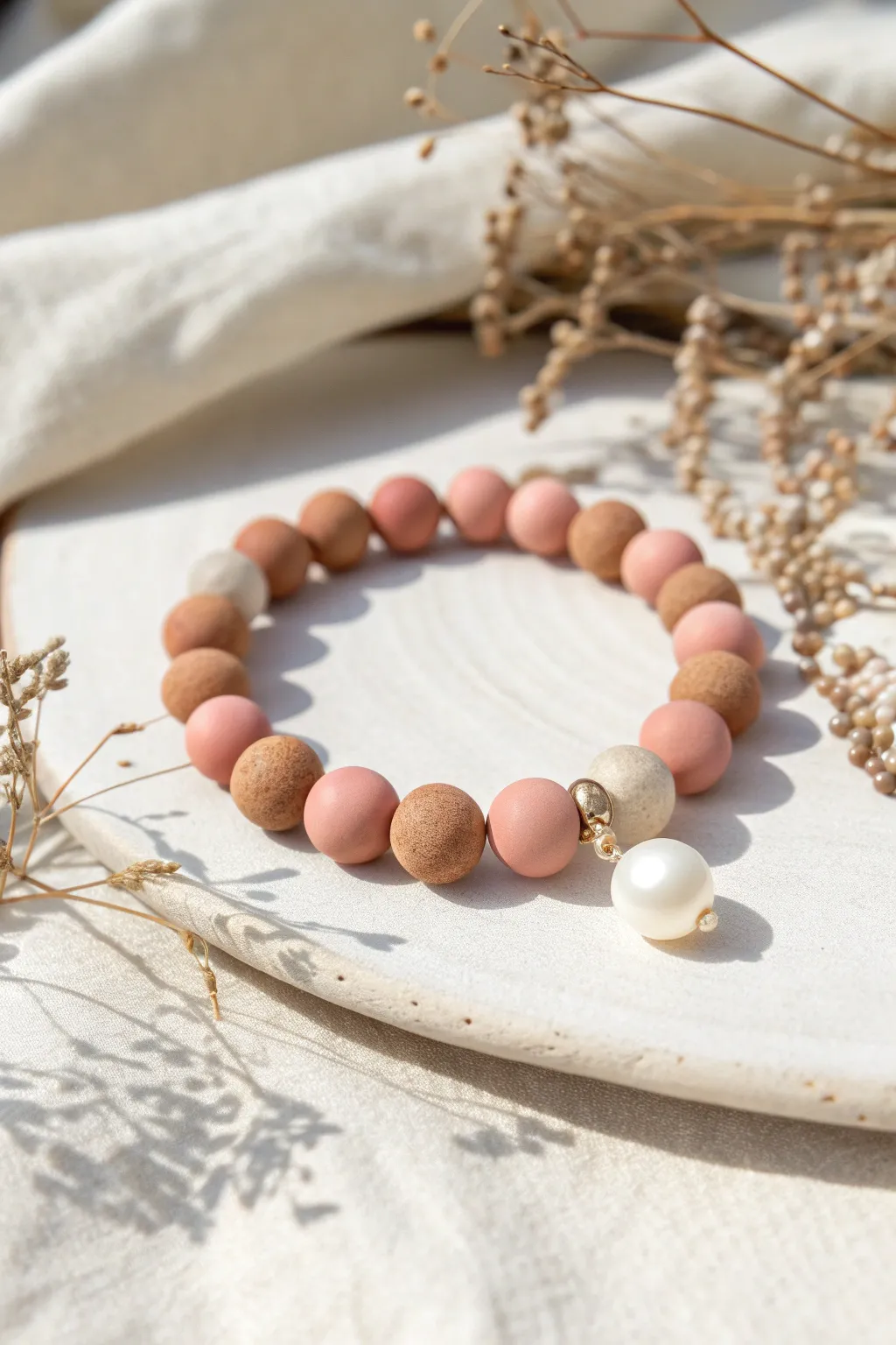 Minimal clay bead bracelet with a single pearl drop charm, simple and softly elegant.