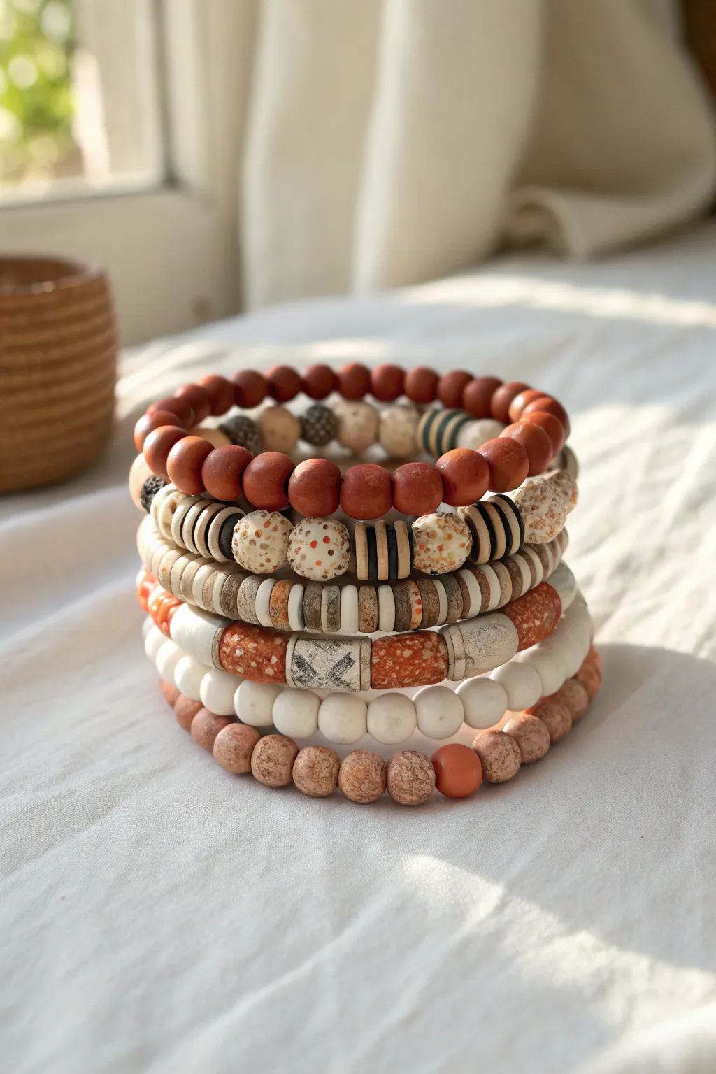 Mismatch clay bead bracelet stack, different patterns united by one soft terracotta accent.