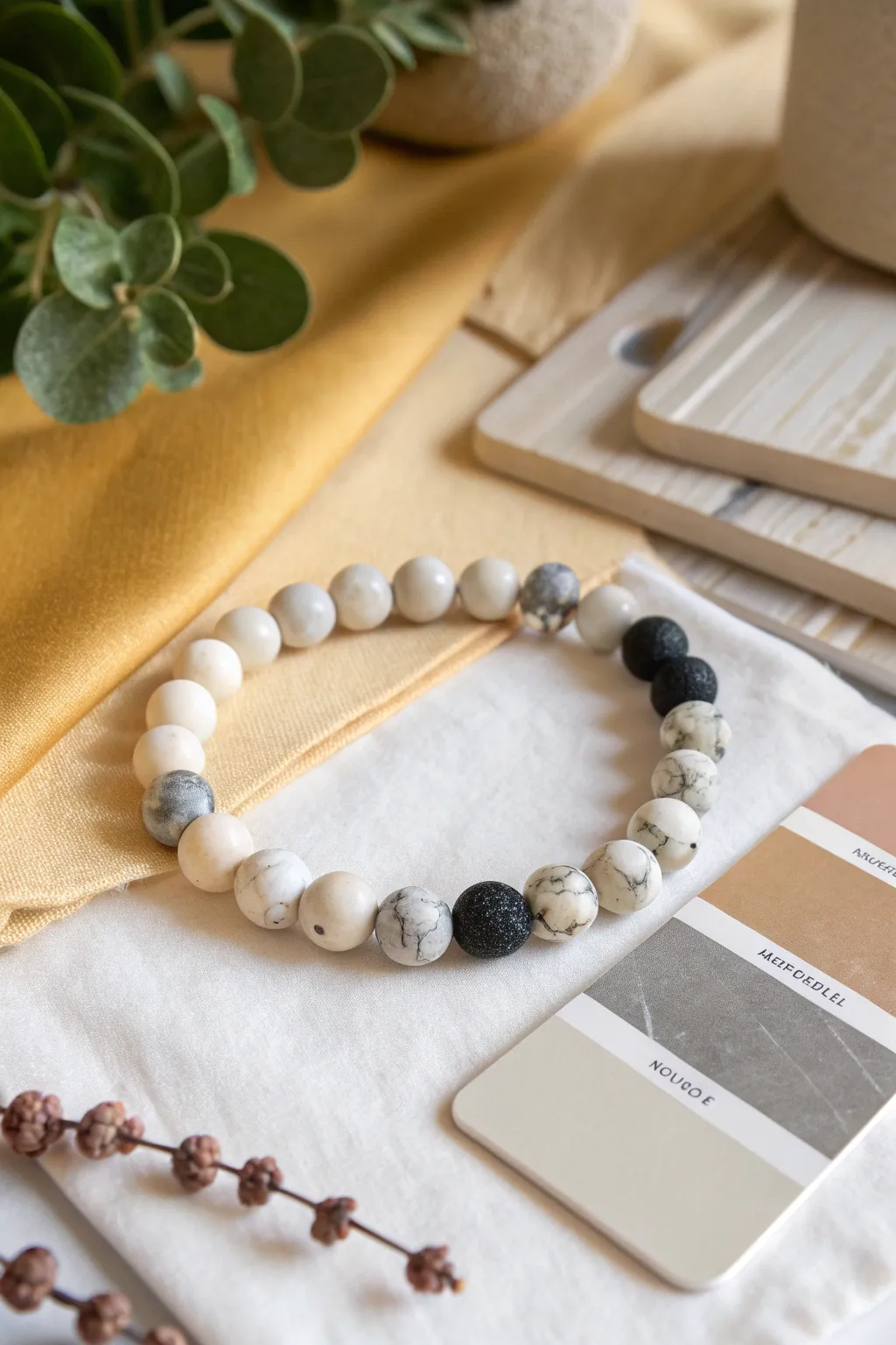 Marble inspired neutral clay bead bracelet: white, gray, black, plus speckled stone accents.