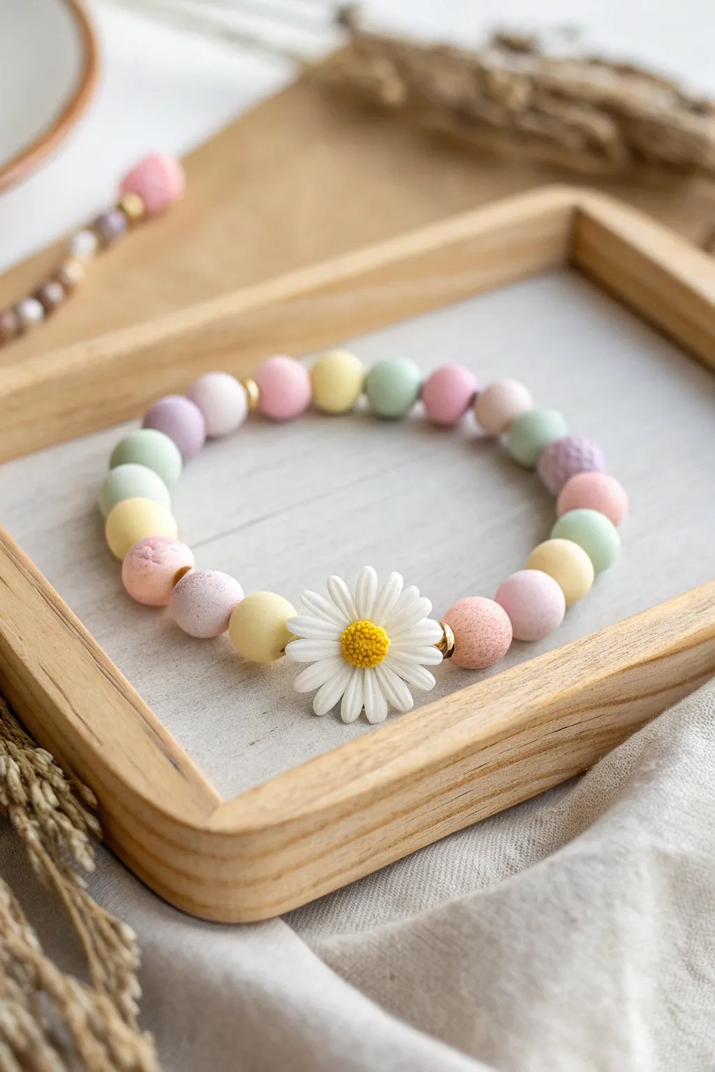 Pastel clay bead bracelet with a tiny daisy centerpiece, minimalist boho styling and soft light.