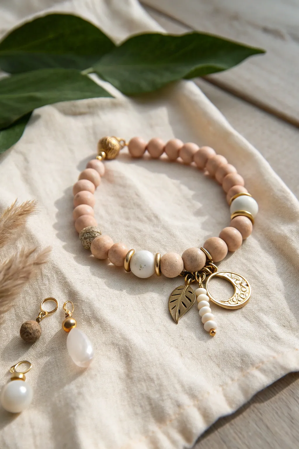 Minimal clay bead bracelet with a simple charm cluster centerpiece for an easy, wearable look