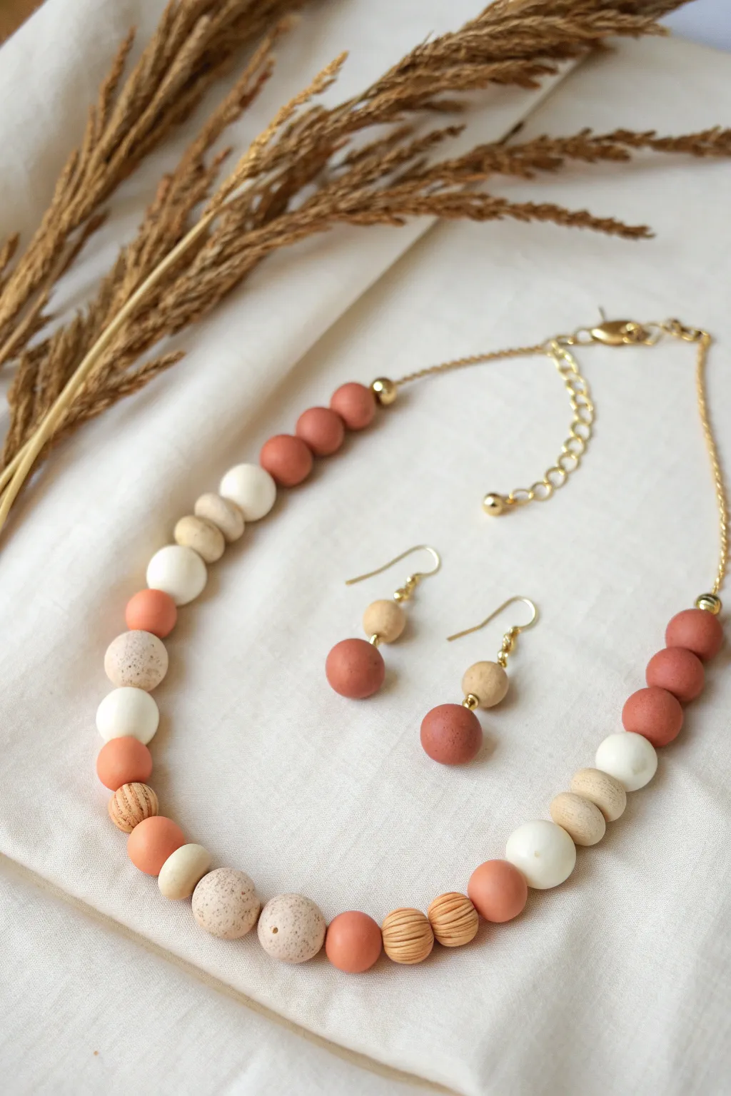 Matching clay bead necklace and earrings in soft neutrals, styled minimal with a boho touch