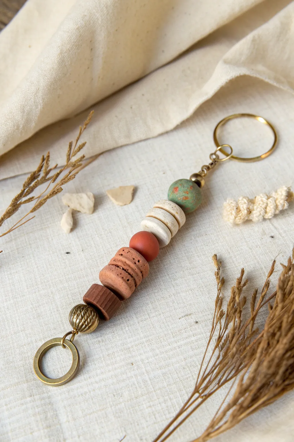 Mixed-shape clay bead keychain: heishi discs, tube beads, and rondelles in earthy neutrals.