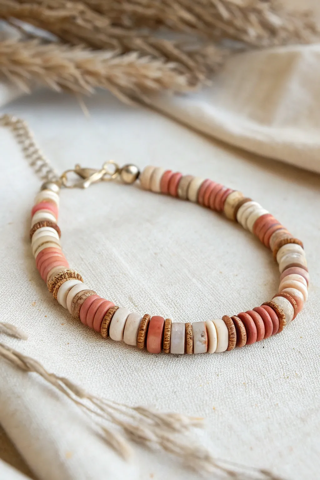 Heishi discs and rondelles alternate for a tactile, minimalist repeat with soft boho warmth