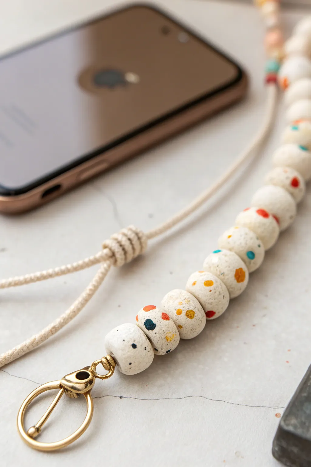 Terrazzo speckle heishi bead phone charm in off white with bright playful accents, clean and chic