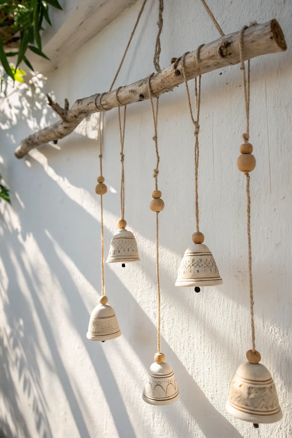 Simple branch hung clay bell mobile in soft neutrals, a calming Scandinavian boho wall accent