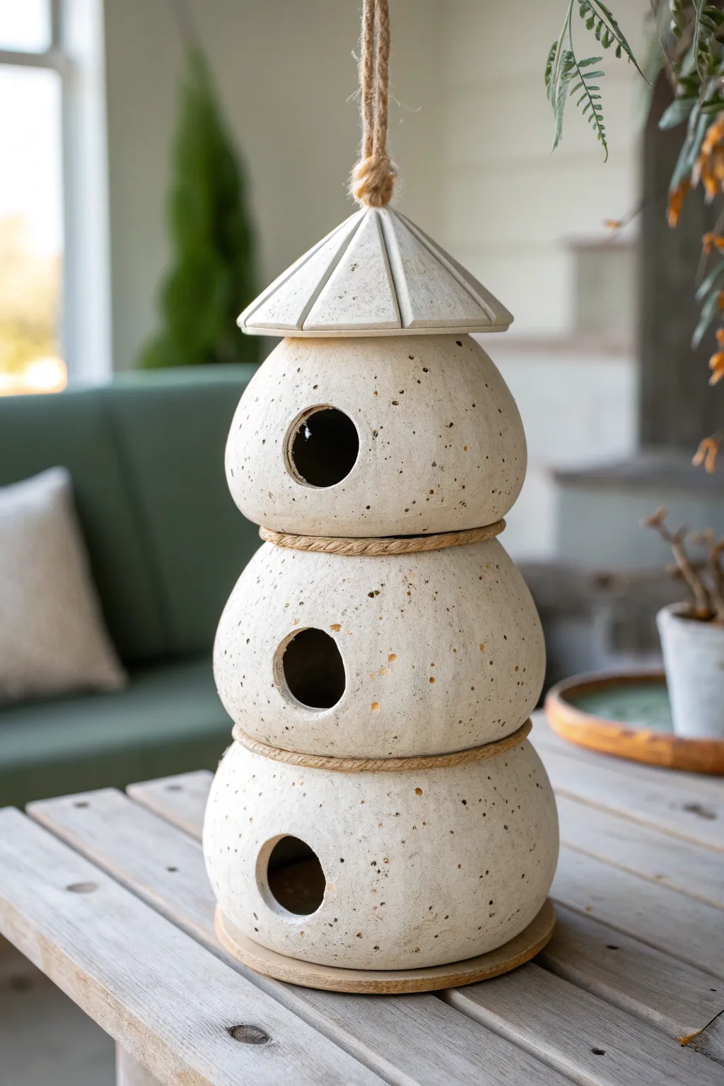 Stacked pod clay birdhouse apartment, minimalist and boho, hanging softly against blurred greenery