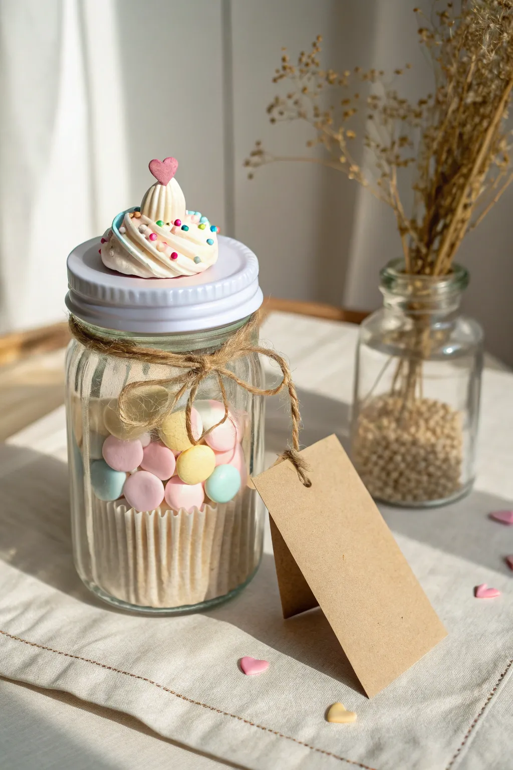 Minimal birthday wish jar with handmade clay topper, soft boho styling, gift-ready and sweet.