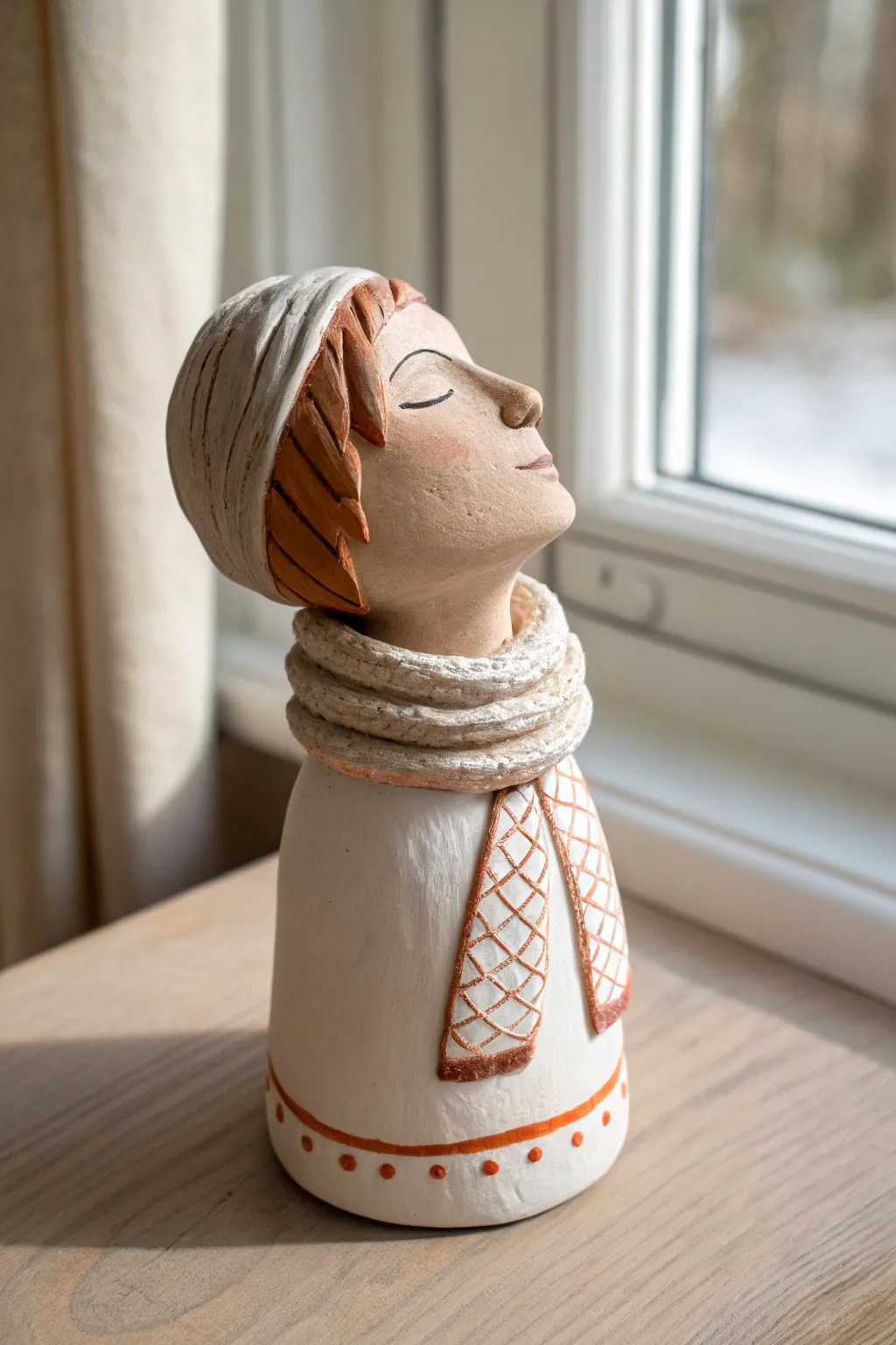 Minimal clay bobblehead with a scarf collar hiding the spring for an extra playful wobble.