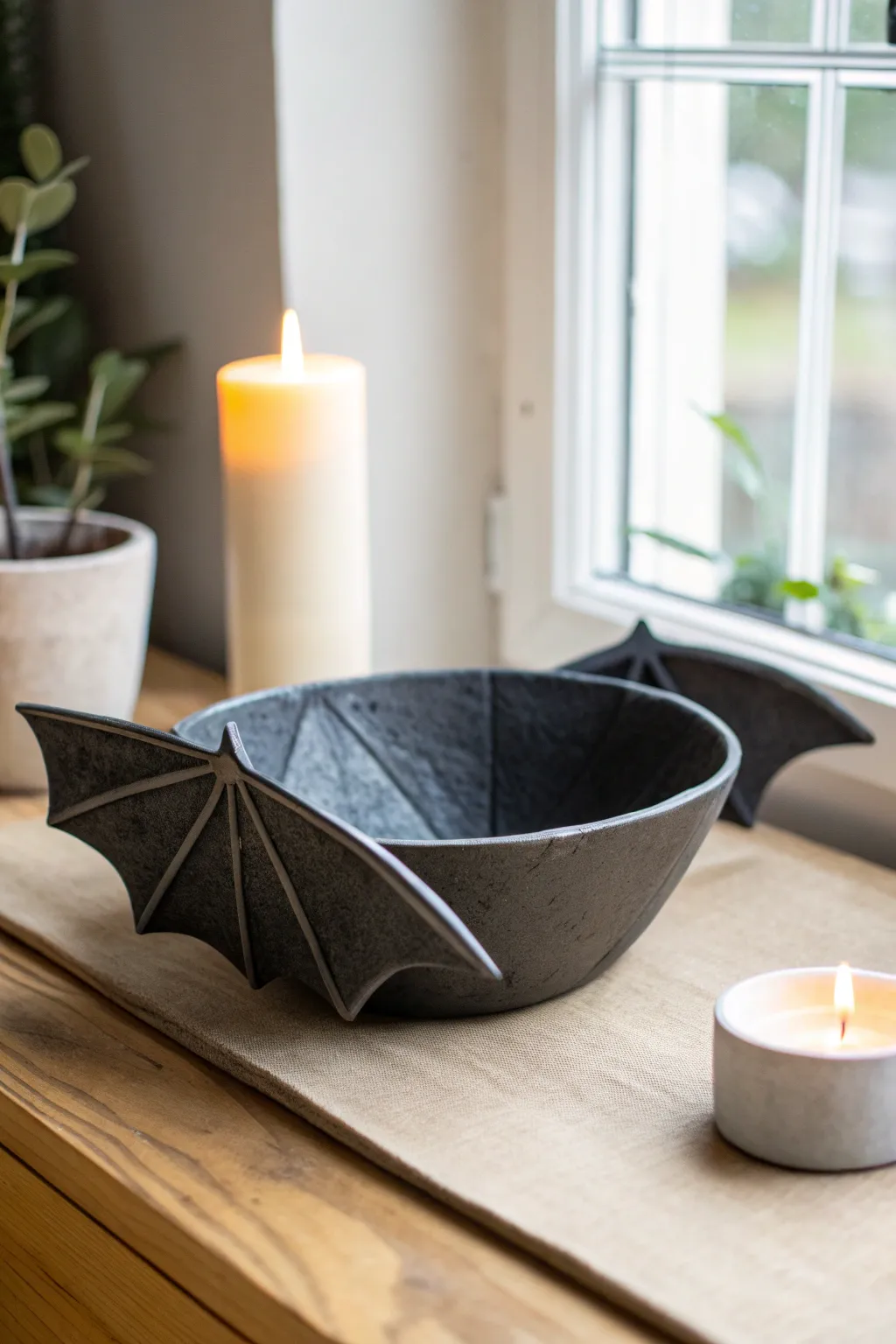 Moody matte bat bowl with folded wing sides, a chic animal-inspired clay bowl idea