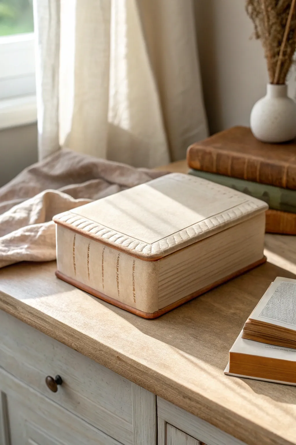 Minimal book-style clay box with a raised spine and carved page edges in warm muted tones