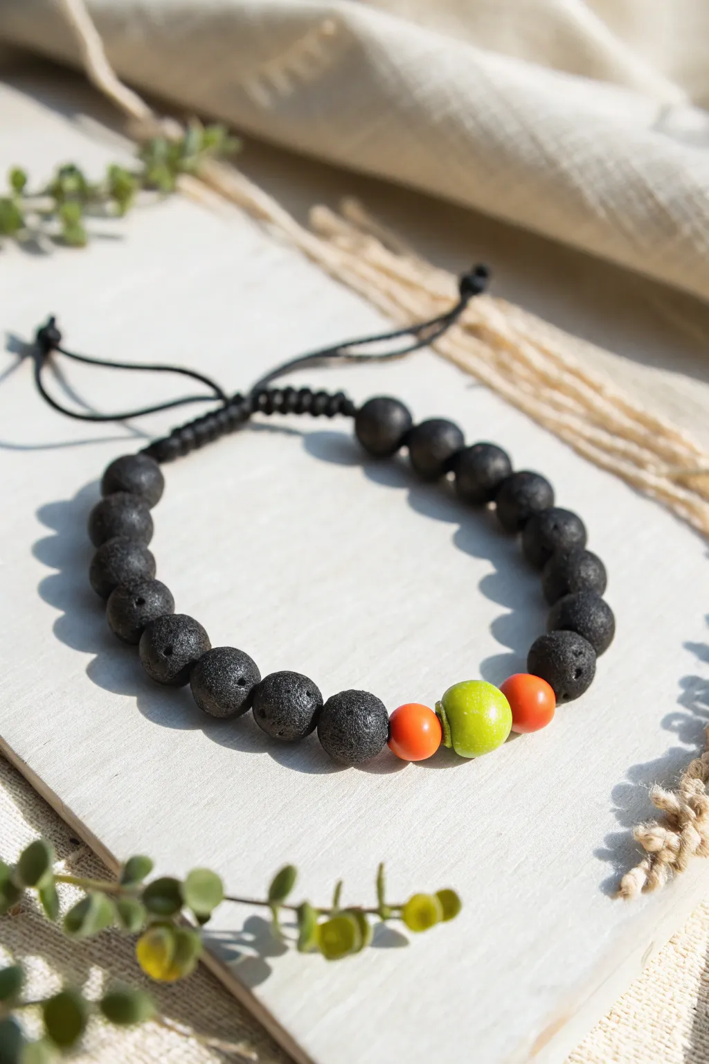 Charcoal clay bead bracelet with neon pops, minimalist and bold, perfect for boys