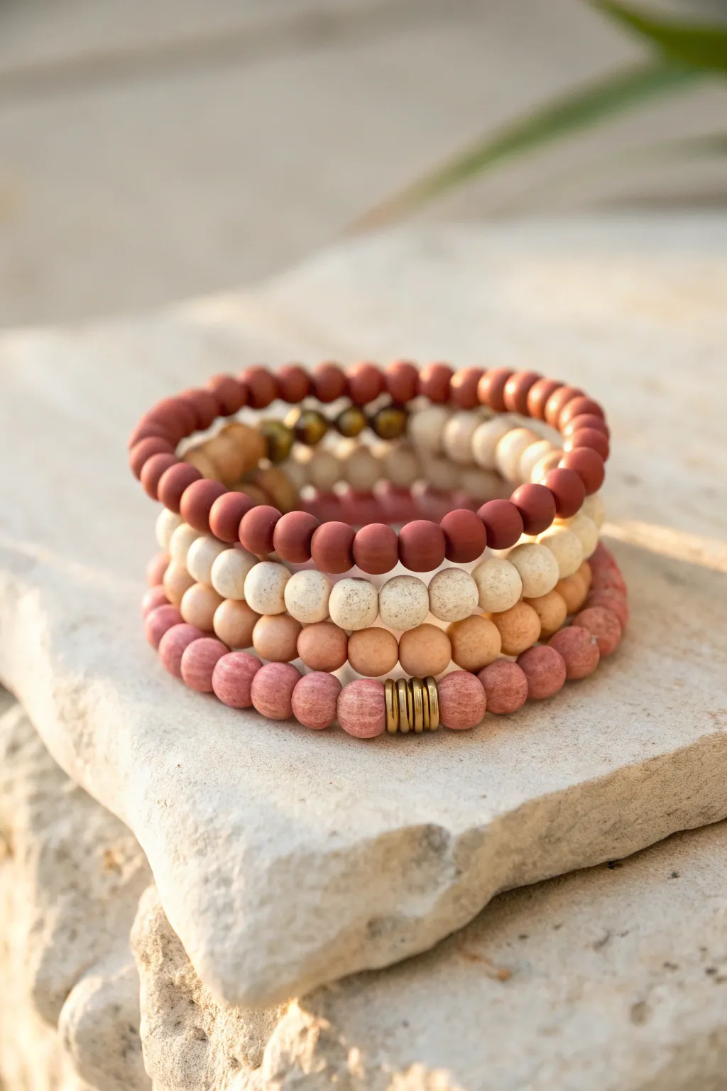 Ombre clay bead bracelet stack in warm neutrals, a simple gradient look you can DIY at home.