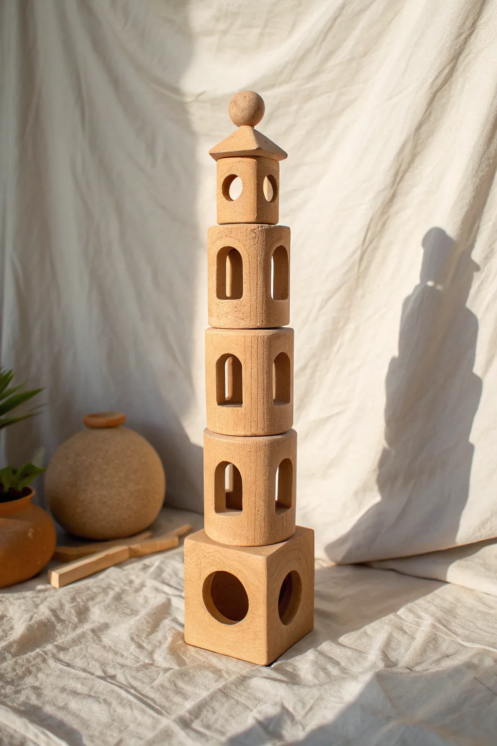 Minimal clay totem tower with cutout windows, sculptural negative space and bold shadows