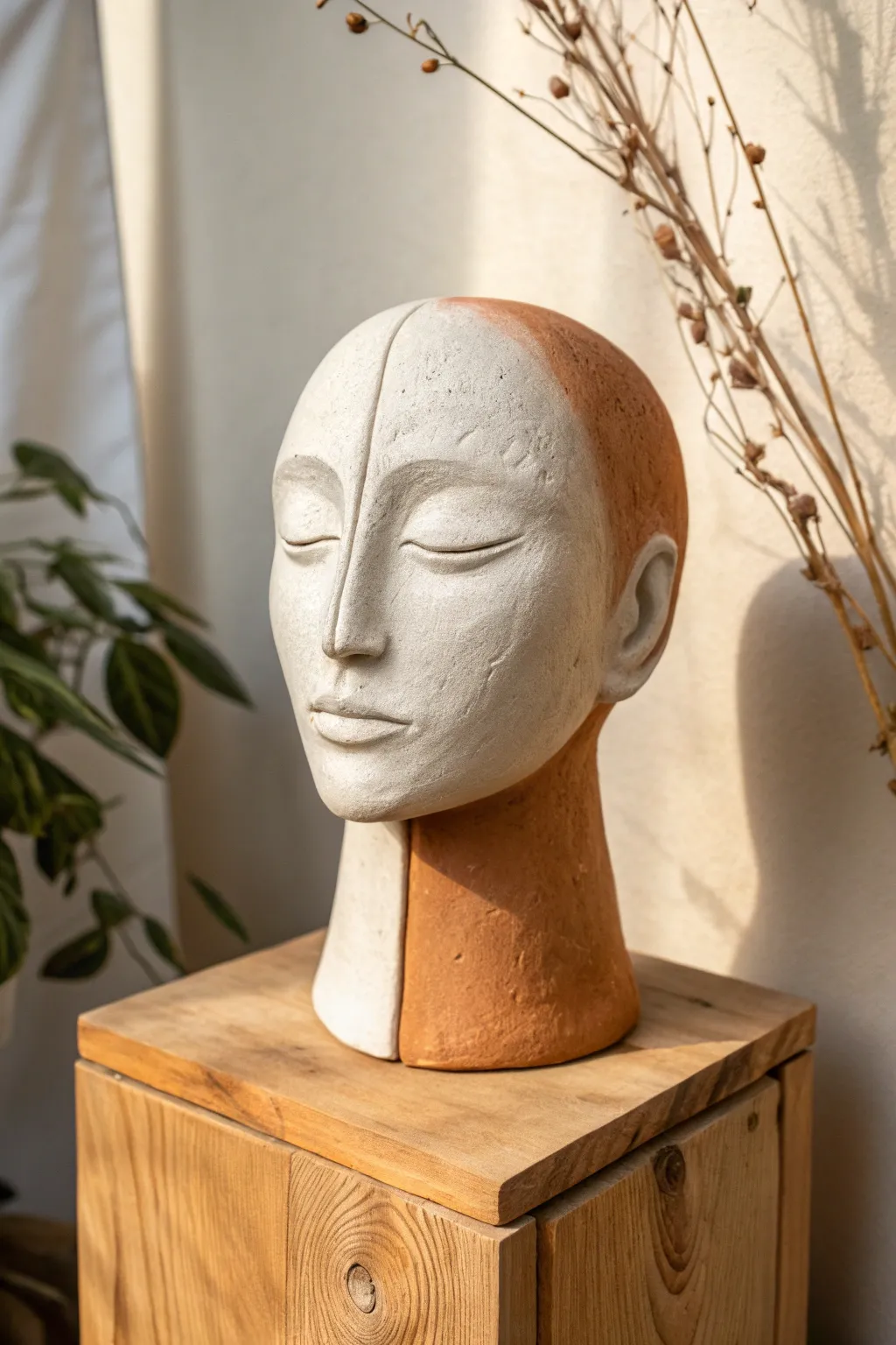 Split-face clay bust with contrasting finishes, a minimalist statement piece for modern decor