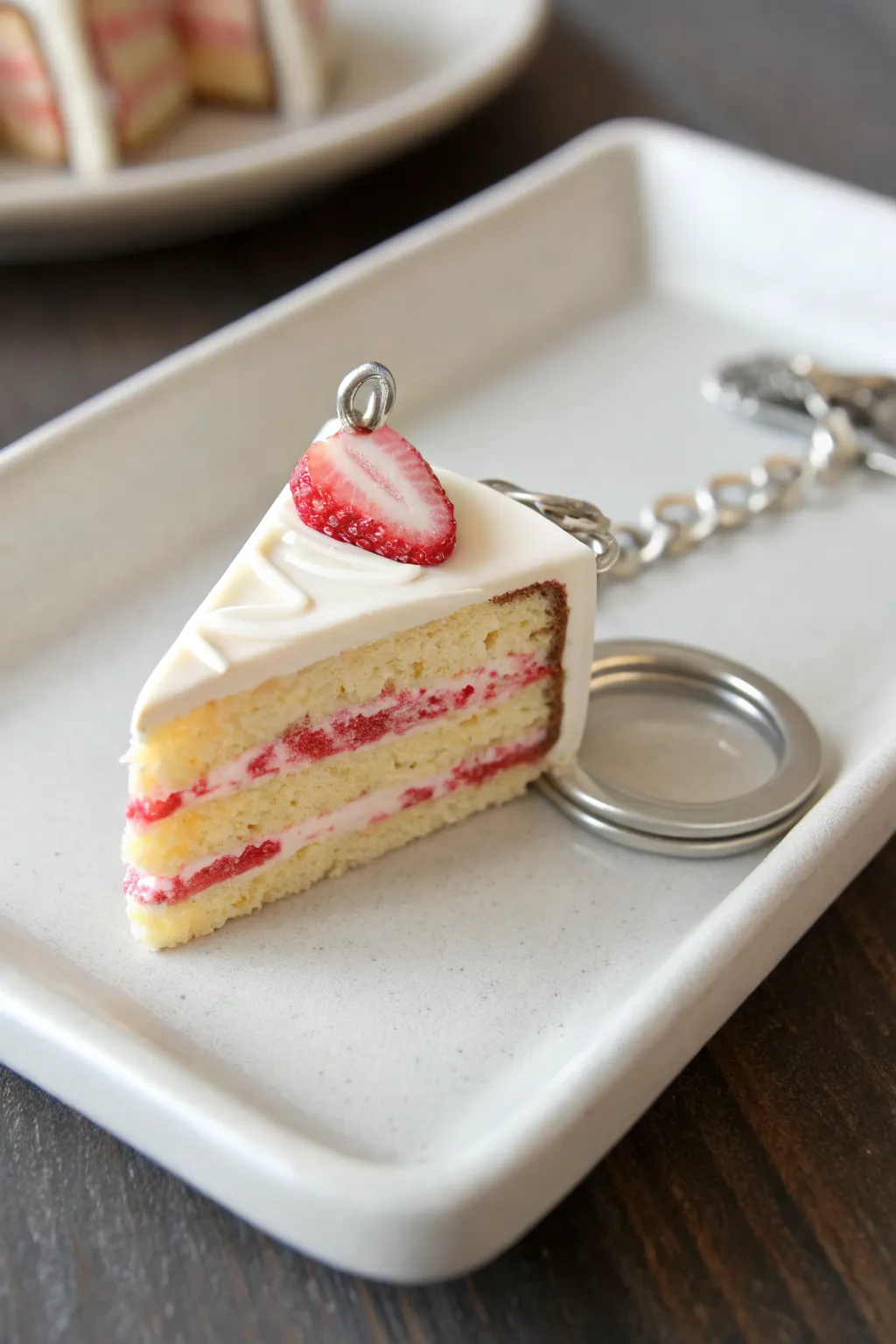Minimal clay cake slice charm with a hidden loop, styled simply for a sweet handmade accent.