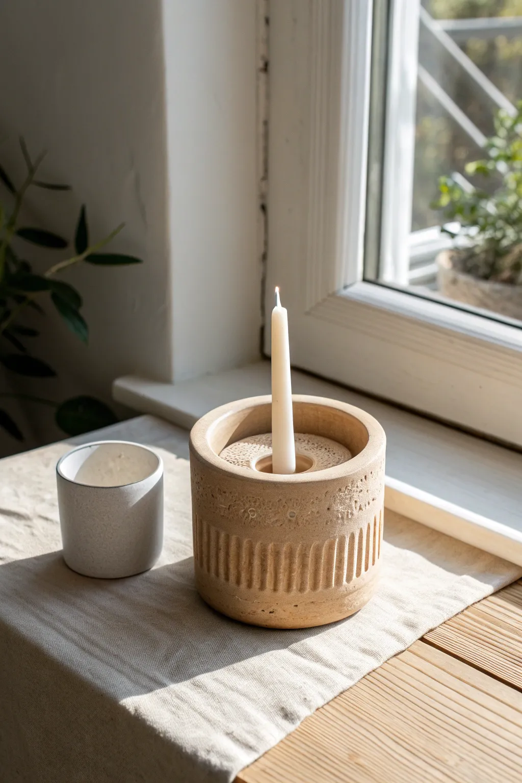 Chunky clay candle holder with built-in match cup and strike strip, styled in calm neutrals.