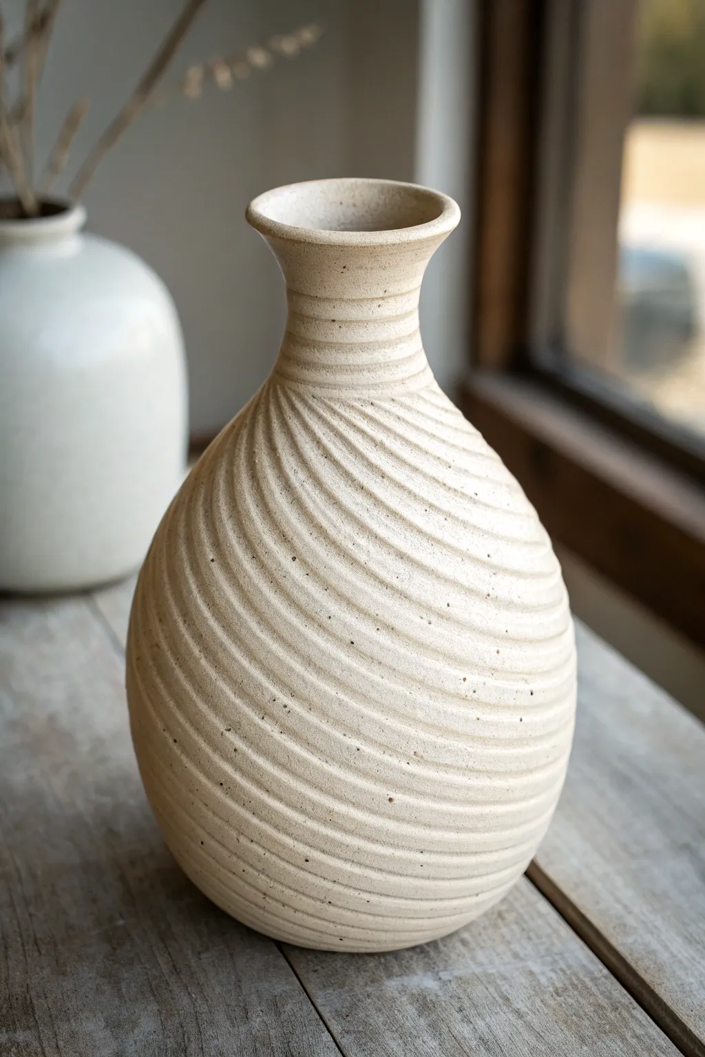 Deep curved channels turn a simple vase into dramatic light-and-shadow stripes