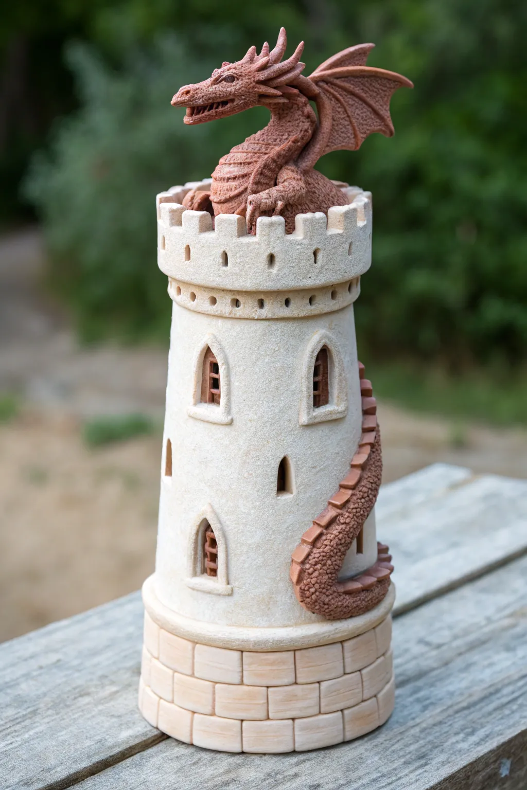 Dragon-guarded clay tower: minimalist castle charm with a sweet boho twist for your shelf.