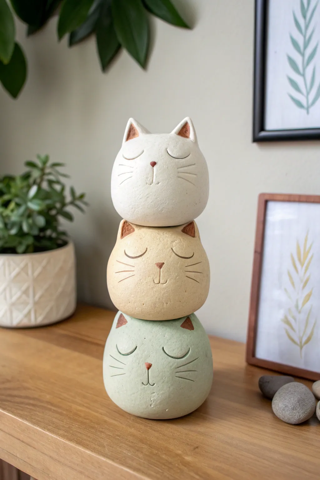 A minimalist stacked clay cat totem in earthy tones, perfect for a cozy Scandinavian shelf.