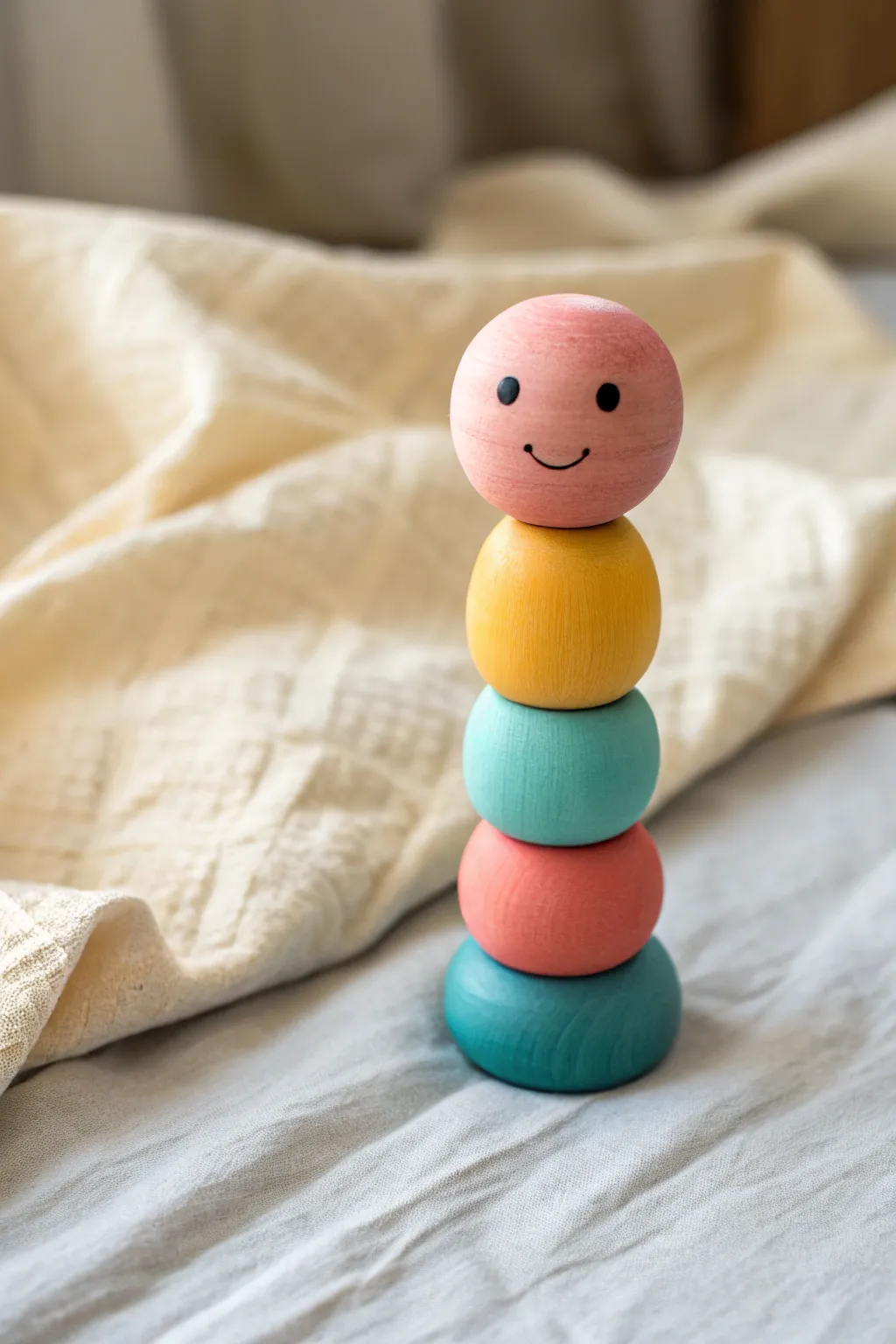 Stacked bead clay character in bright hues, minimalist and handmade, for cute pottery inspiration.