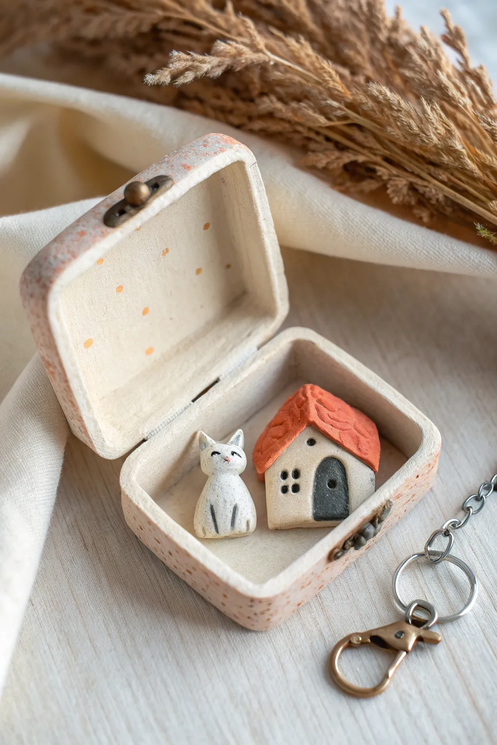 Minimal clay micro scene charm: a tiny house and cat in a simple, cozy box diorama.