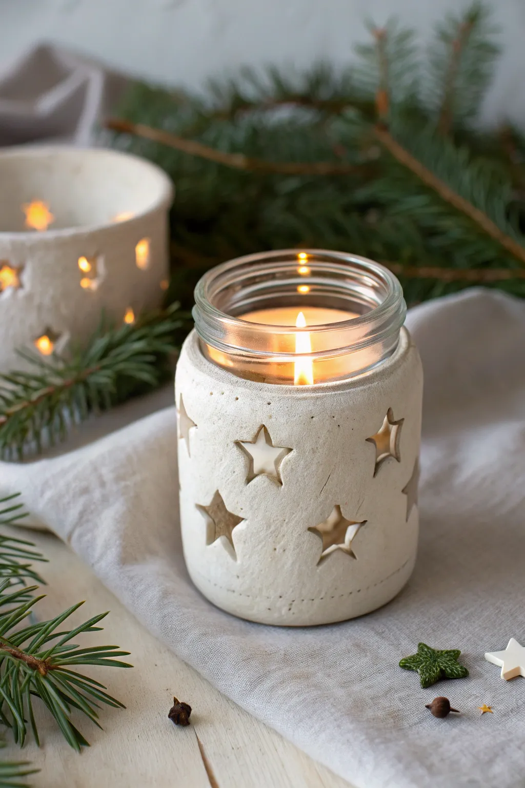 Cozy clay star luminary wrap glowing on a glass jar, a simple handmade Christmas gift.