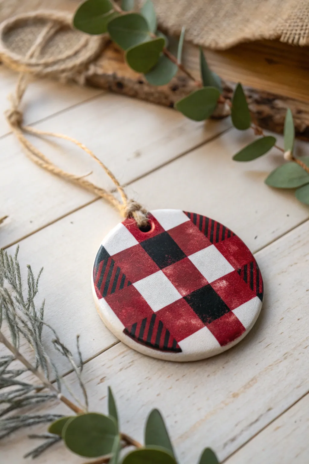 Minimal buffalo check clay ornament, handmade holiday charm with Scandinavian boho vibes.
