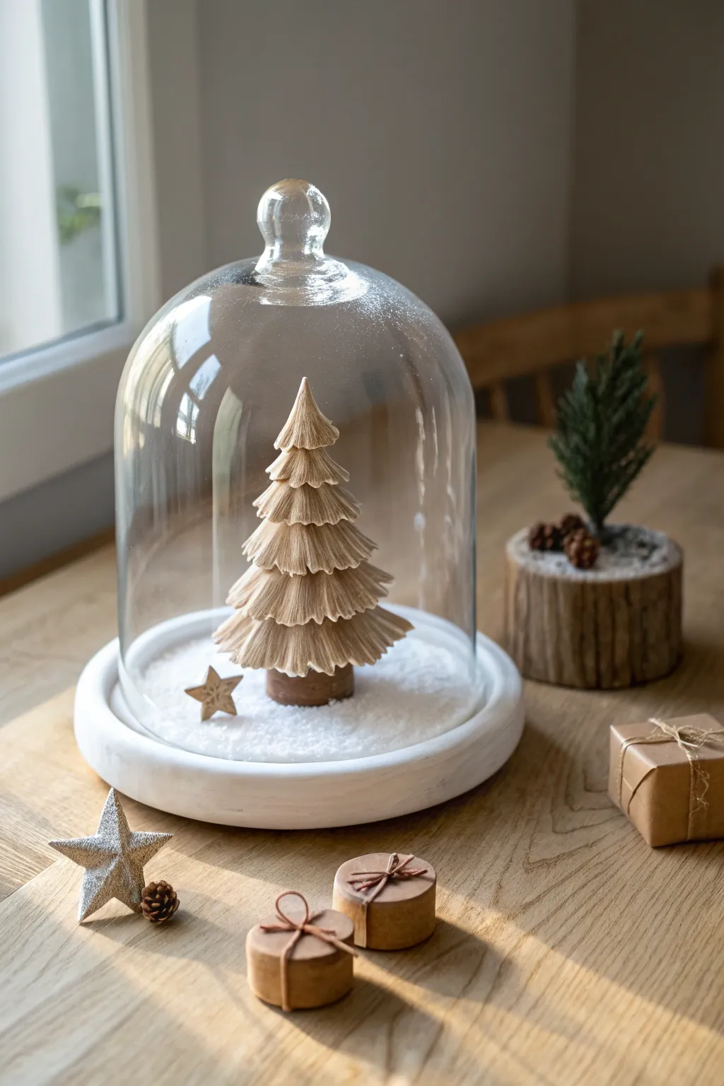 Mini clay Christmas tree under a glass dome for a simple, cozy holiday vignette.